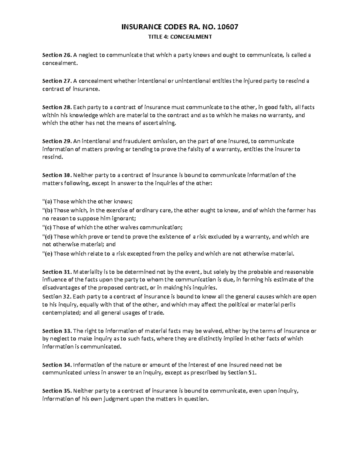 Insurance Codes RA. No. 10607: Concealment, Representation & Warranties ...