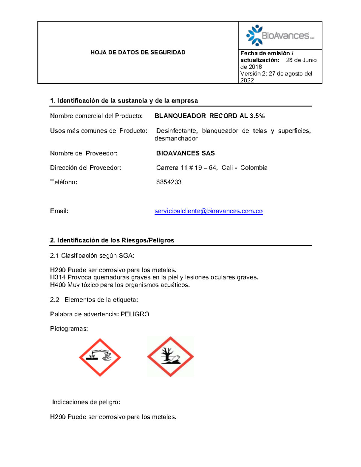 Hoja de Datos de Seguridad HS Blanqueador Record AL - Actualización 2022 - Document Preview