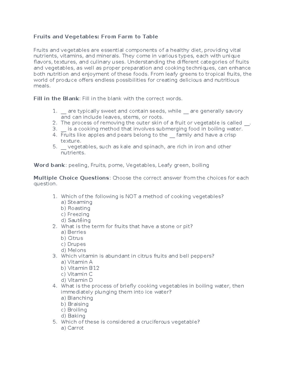 Fruits and Veggies Worksheet: Understanding Nutrition from Farm to ...