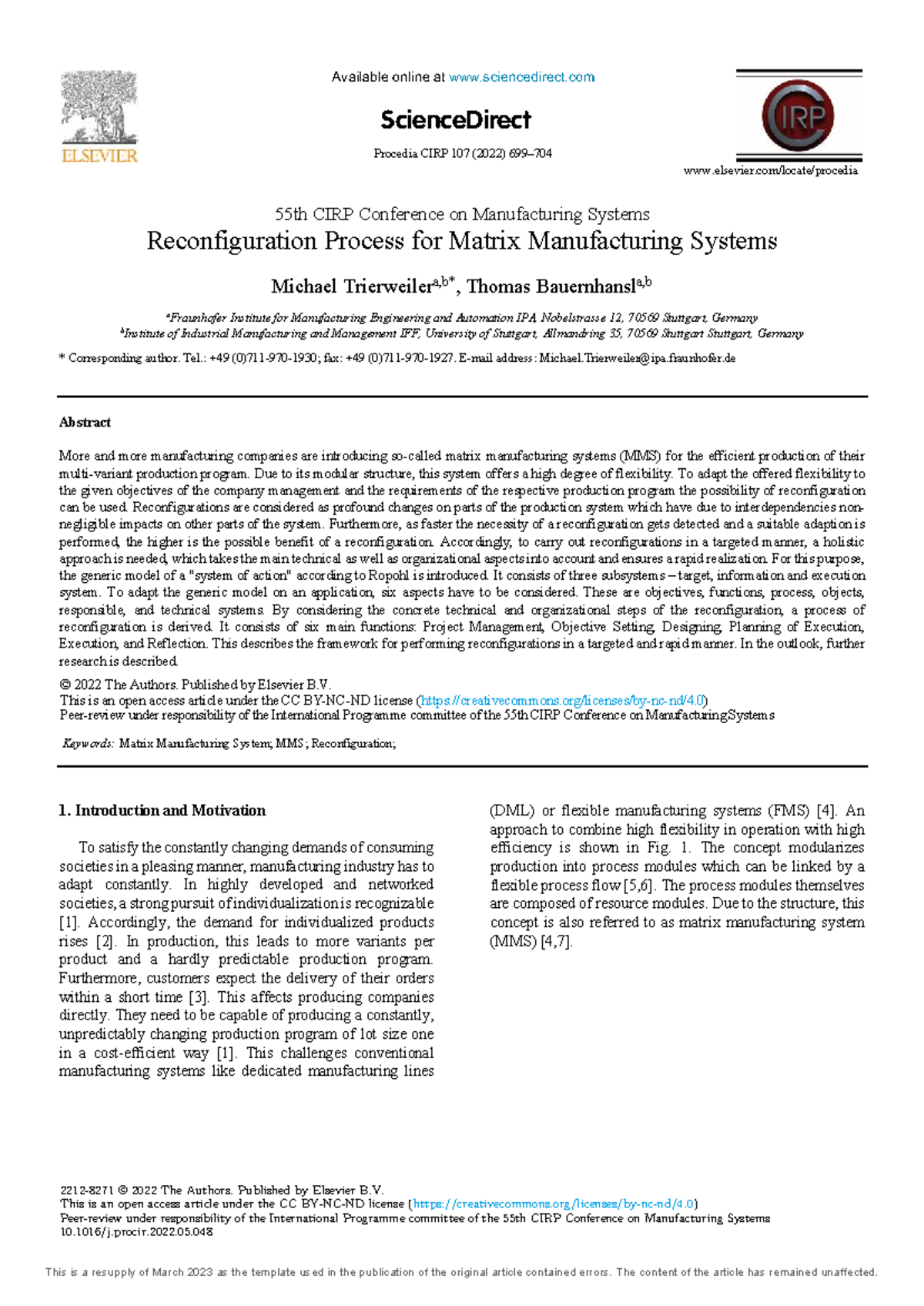 Reconfiguration Process for Matrix Manufacturing Systems (CIRP 55 ...