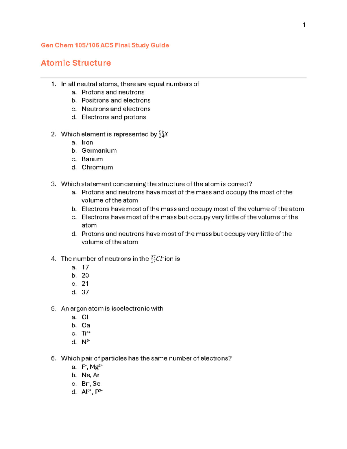 Gen Chem 105/106 ACS Final Exam Study Guide - Studocu