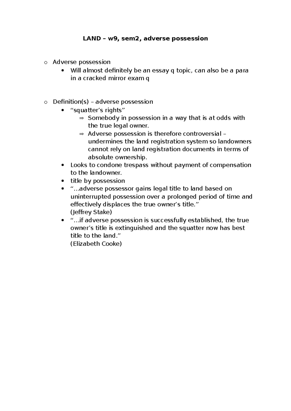 Land Law W9, Sem2: Adverse Possession Insights and Case Analysis - Studocu