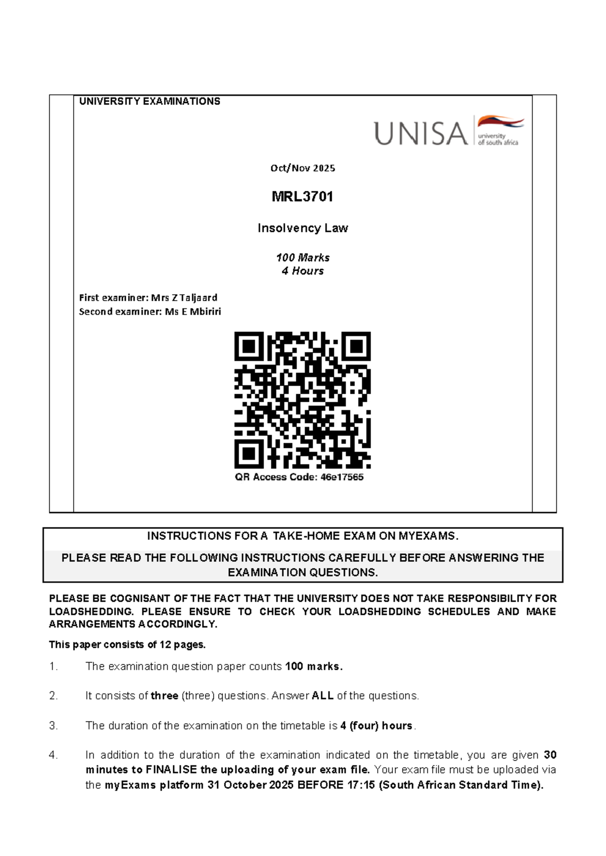 MRL3701 Insolvency Law Final Exam Instructions & Guidelines 2025 - Studocu