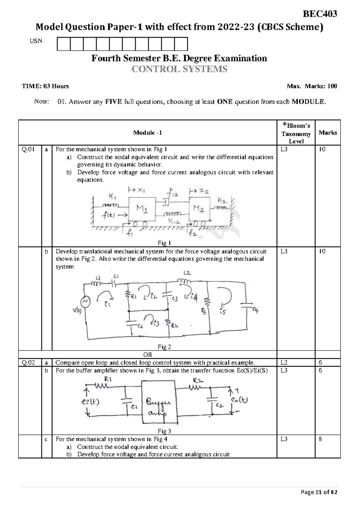 BEC403 - Final Exam Model Question Paper on Control Systems - Studocu