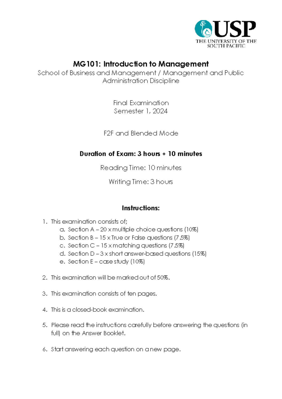 MG101: Final Exam Paper - Introduction to Management S1 2024 - Studocu