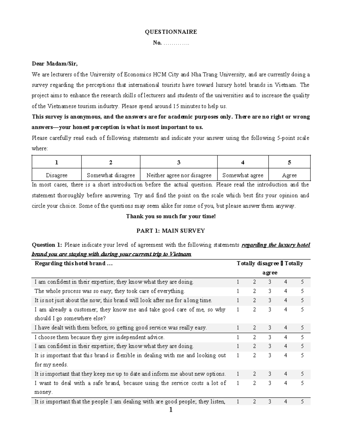 Luxury Hotel Brand Perception Survey - Sample Questionnaire (En) - Studocu