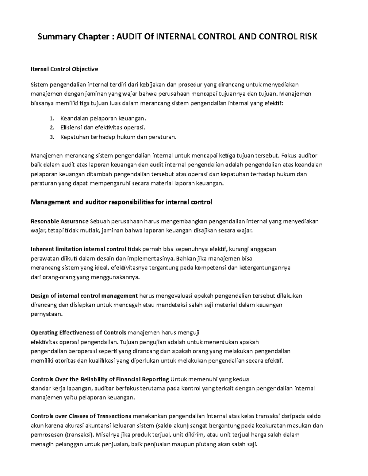 Audit 1 Summary: Internal Control and Control Risk Overview - Studocu