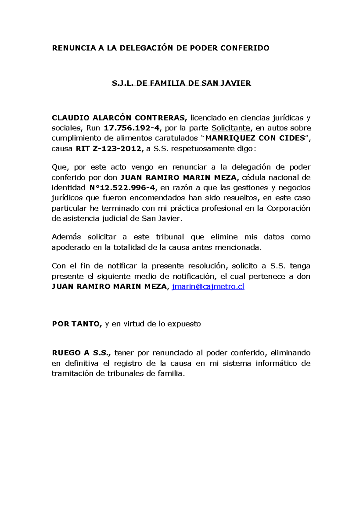 Renuncia a la Delegación de Poder en Causa RIT Z-123-2012 - Document Preview
