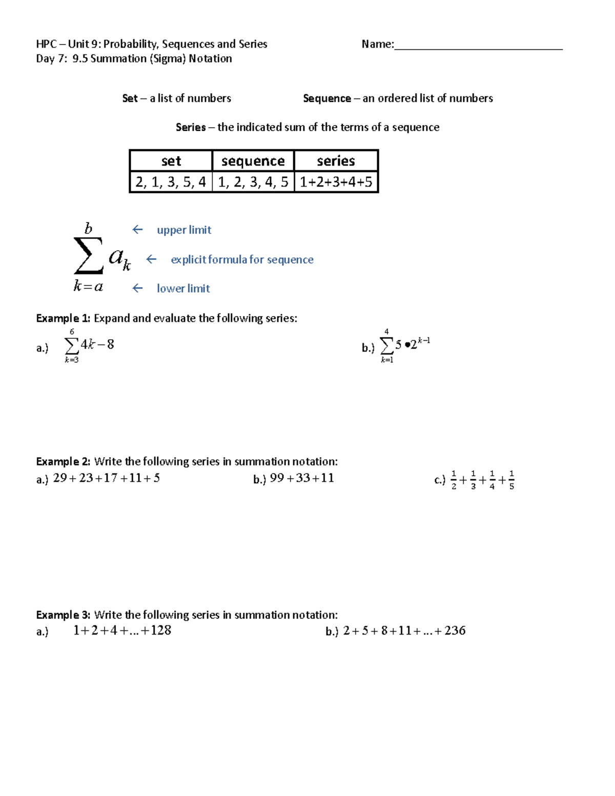 HPC Unit 9: Probability, Sequences & Series - Sigma Notation Notes ...