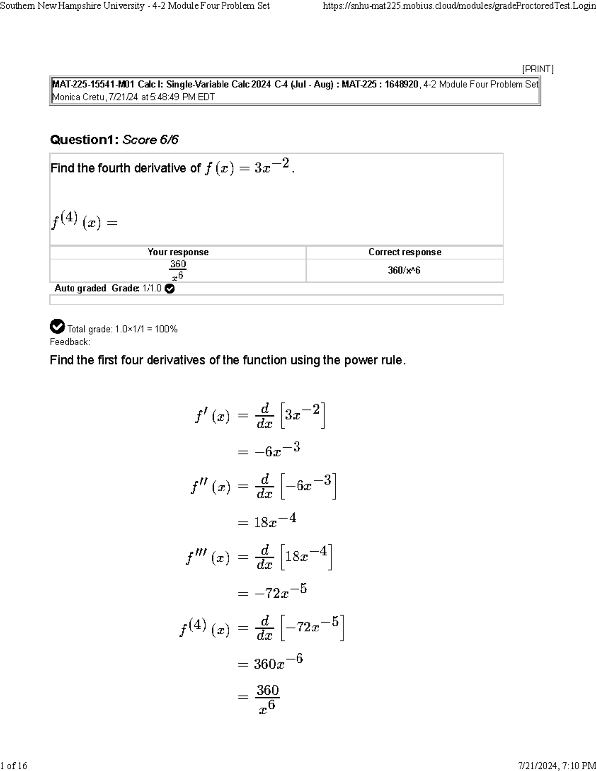 MAT-225 Module Four Problem Set Solutions and Key Derivatives - Studocu