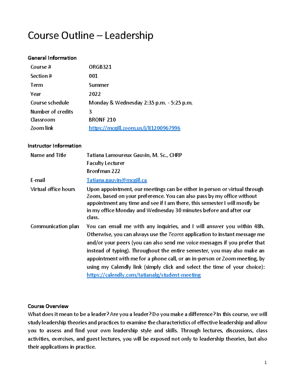 ORGB321 - Summer 2022 - Leadership Course Outline and Schedule - Studocu
