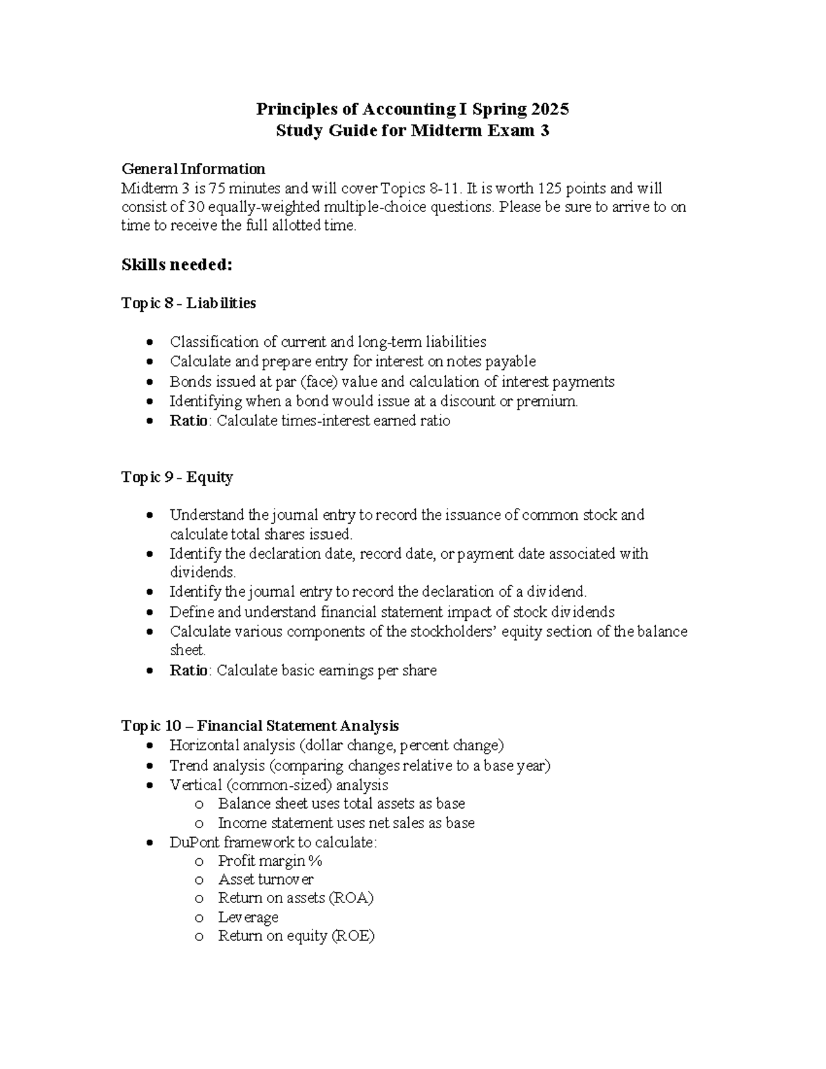 Study Guide for Principles of Accounting I Midterm Exam 3 (Spring 2025 ...