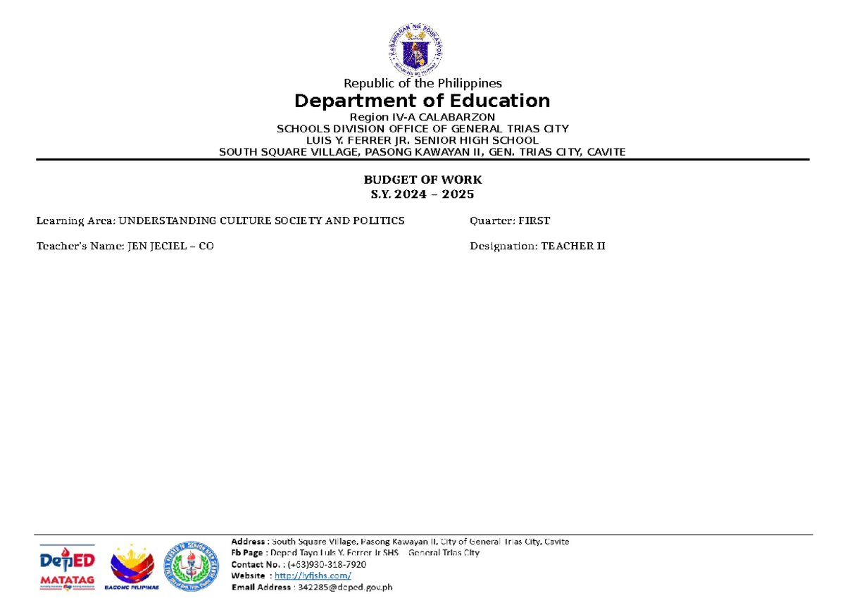 BOW-2024-UCSP - First Quarter Budget of Work Overview - Studocu