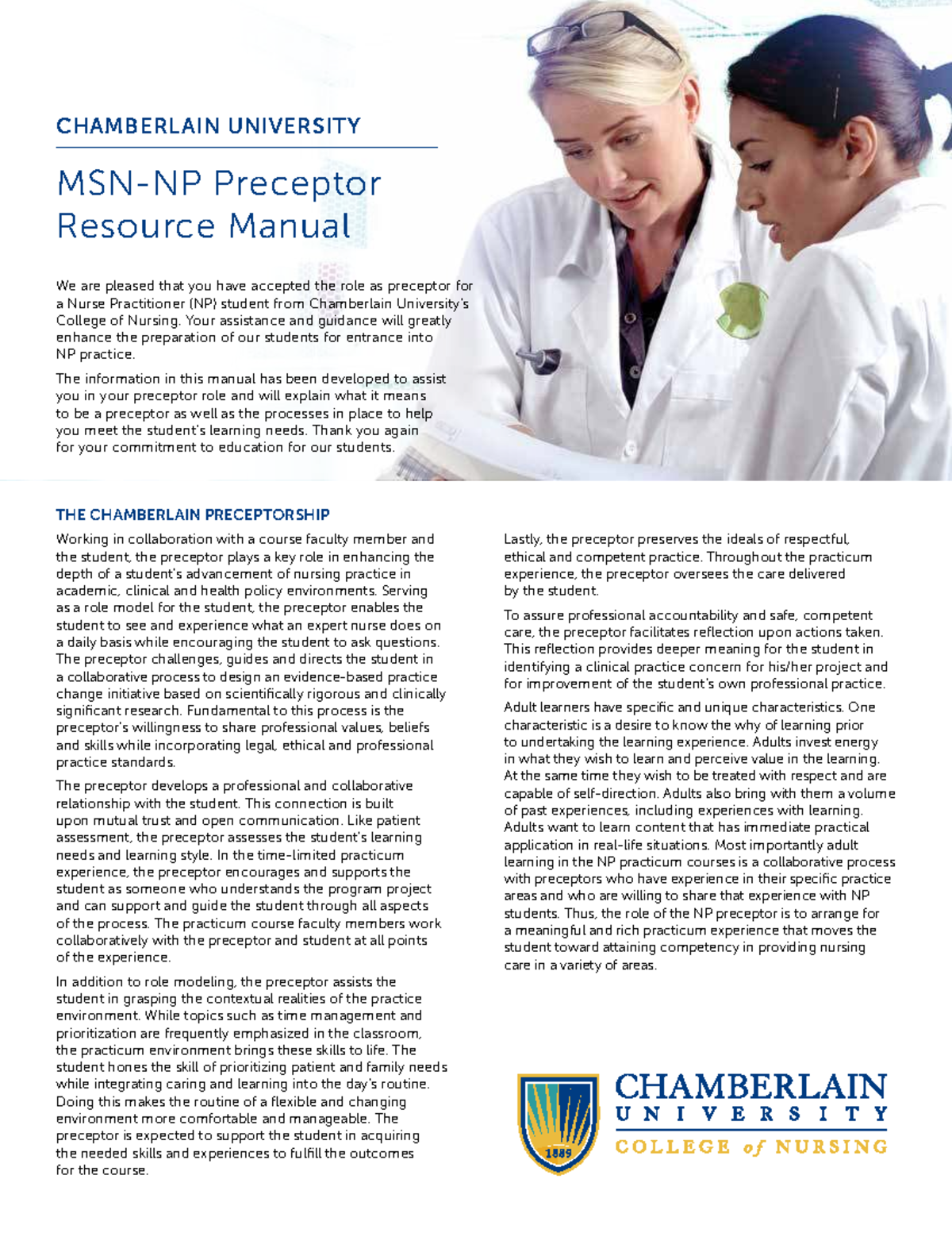CHAMBERLAIN UNIVERSITY NP Preceptor Resource Manual for Practicum ...
