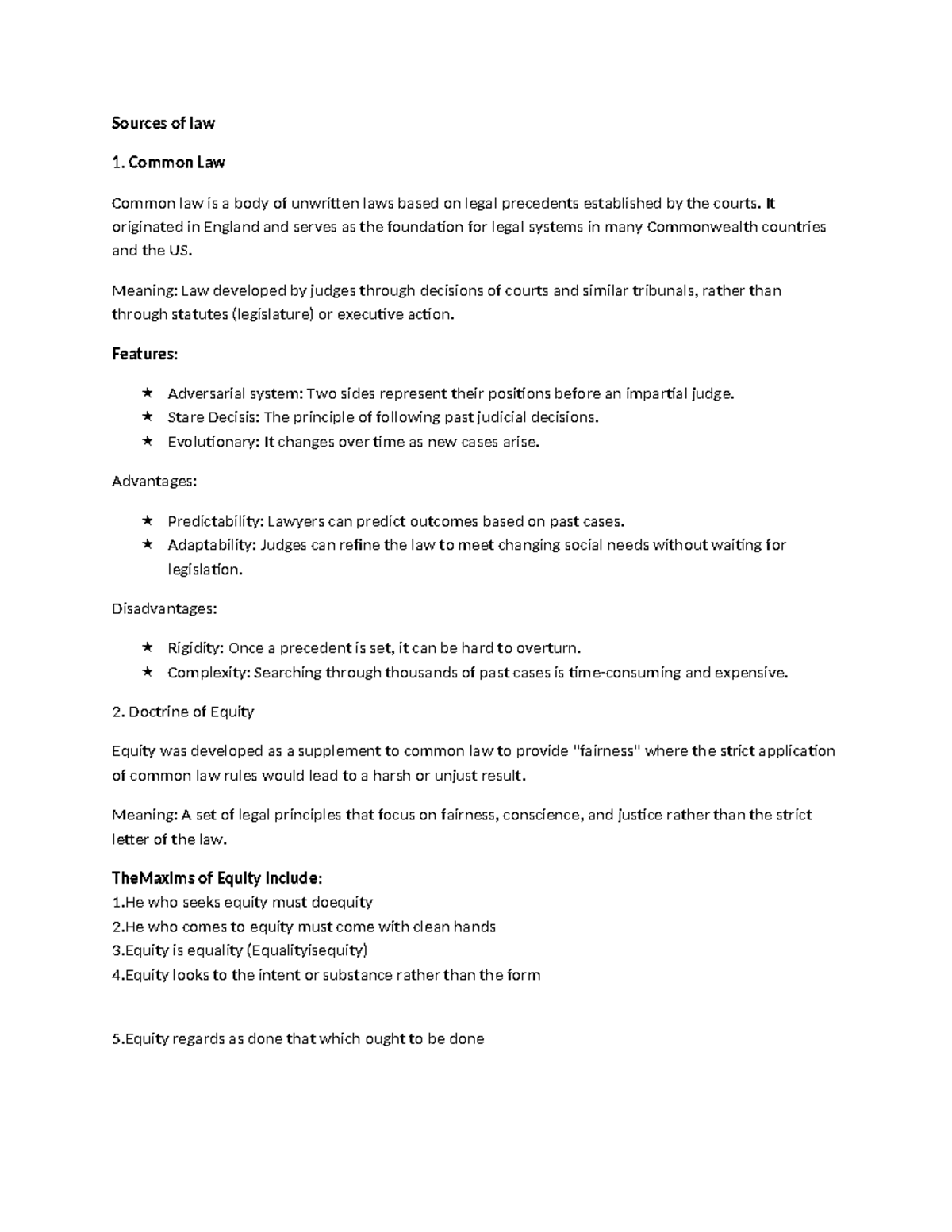 Sources of Law: Common Law, Equity, and Case Laws Overview - Studocu
