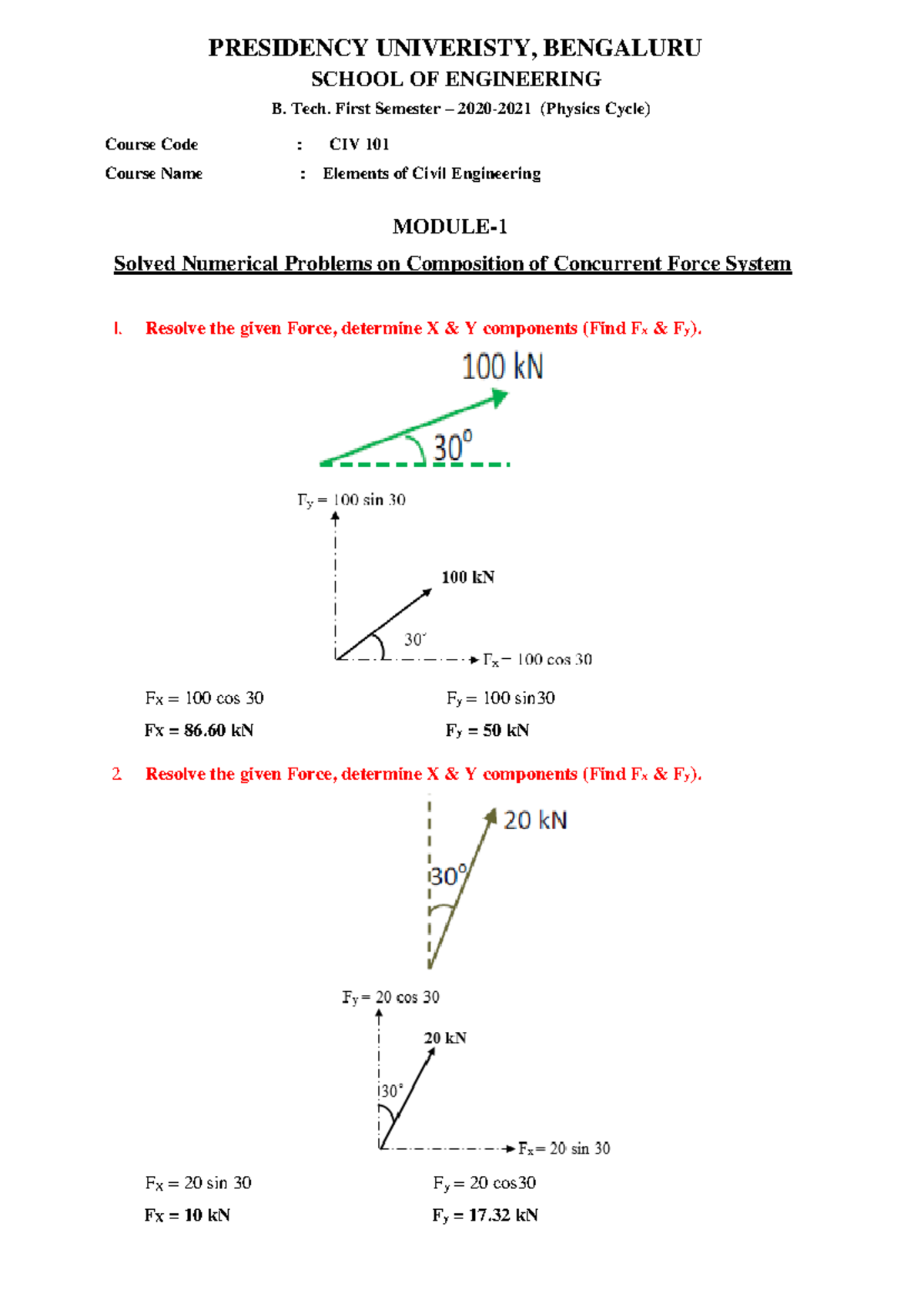 CIV 101 - Solved Numerical Problems on Concurrent Force Composition ...