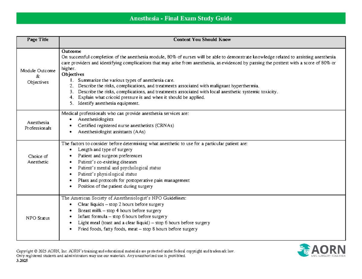 Anesthesia Final Exam Study Guide: Key Concepts & Objectives - Studocu