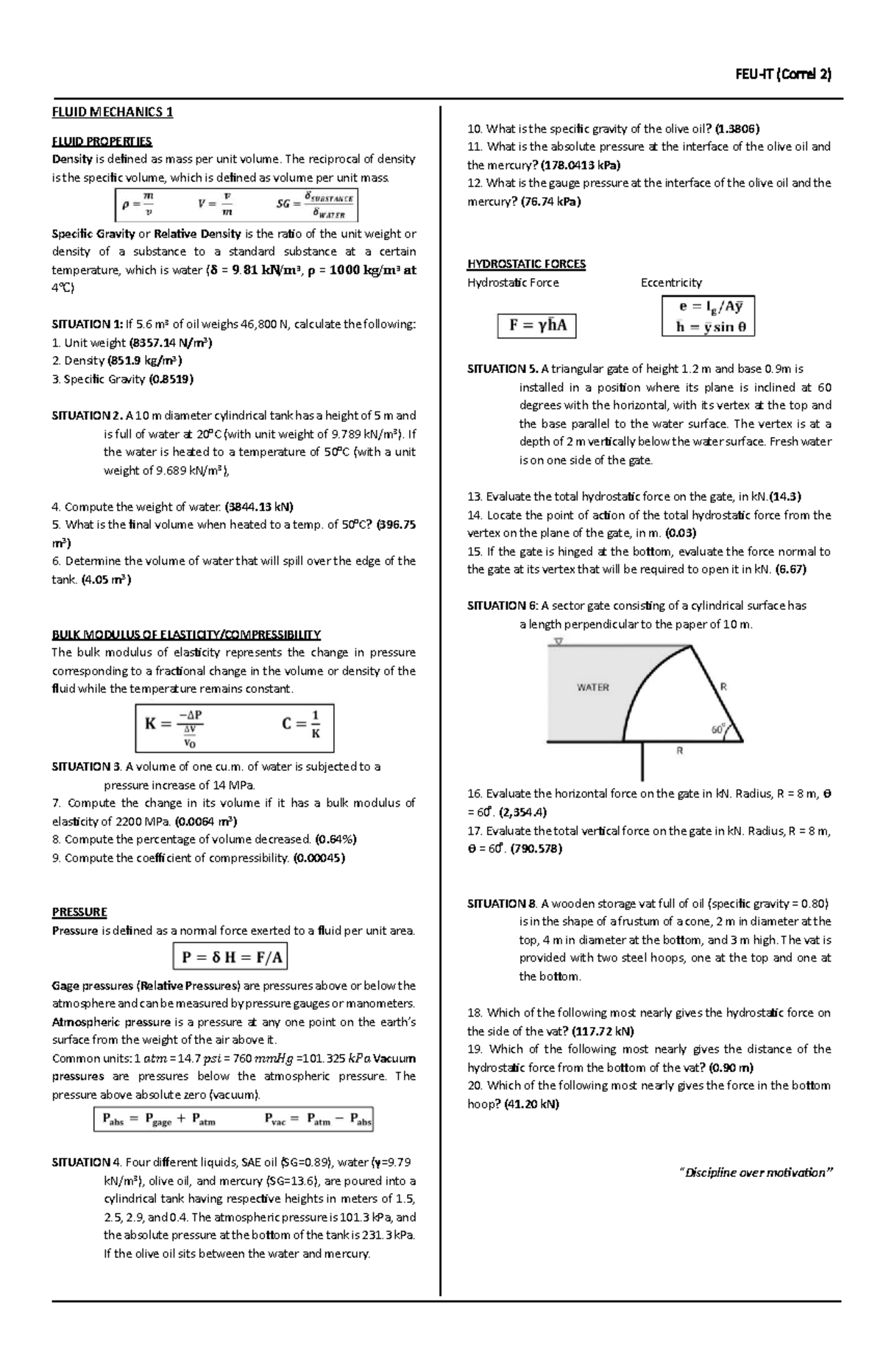 Fluid Mechanics 1 FEU-IT: Properties, Pressure, and Hydrostatics - Studocu