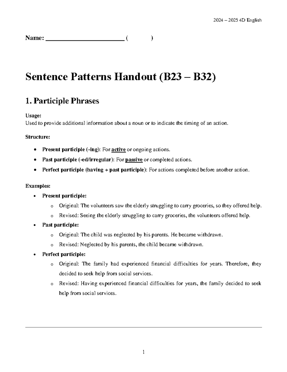 Sentence Patterns Handout (B23-B32) - Name ...