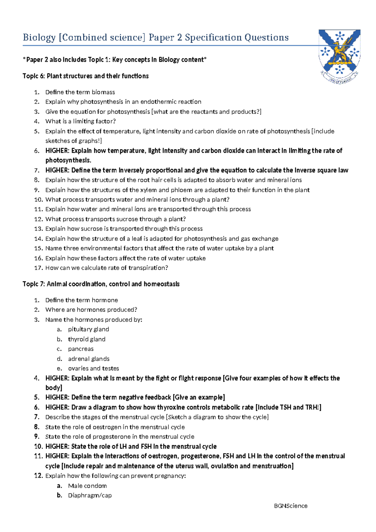 Biology spec paper 2 - Spec questions - Biology [Combined science ...