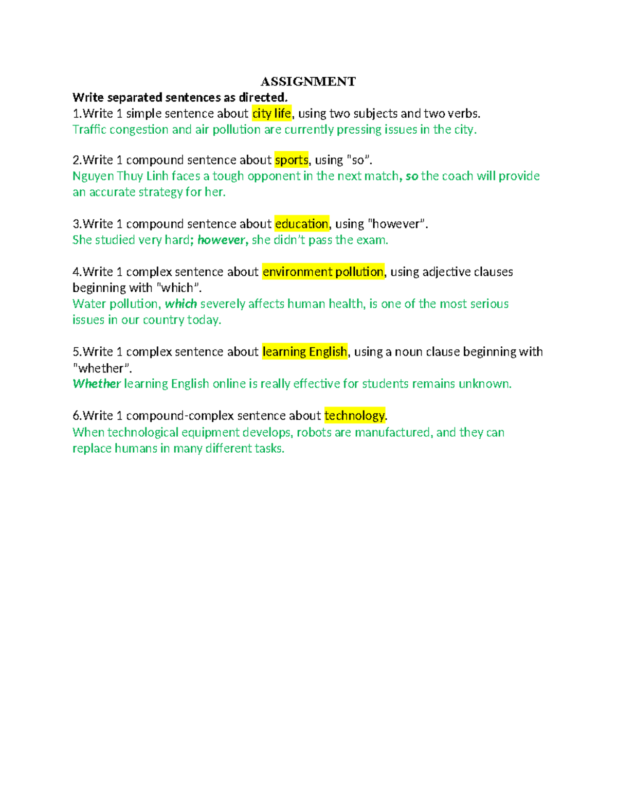 Assignment 1: Sentence Construction Exercises on Various Topics - Studocu