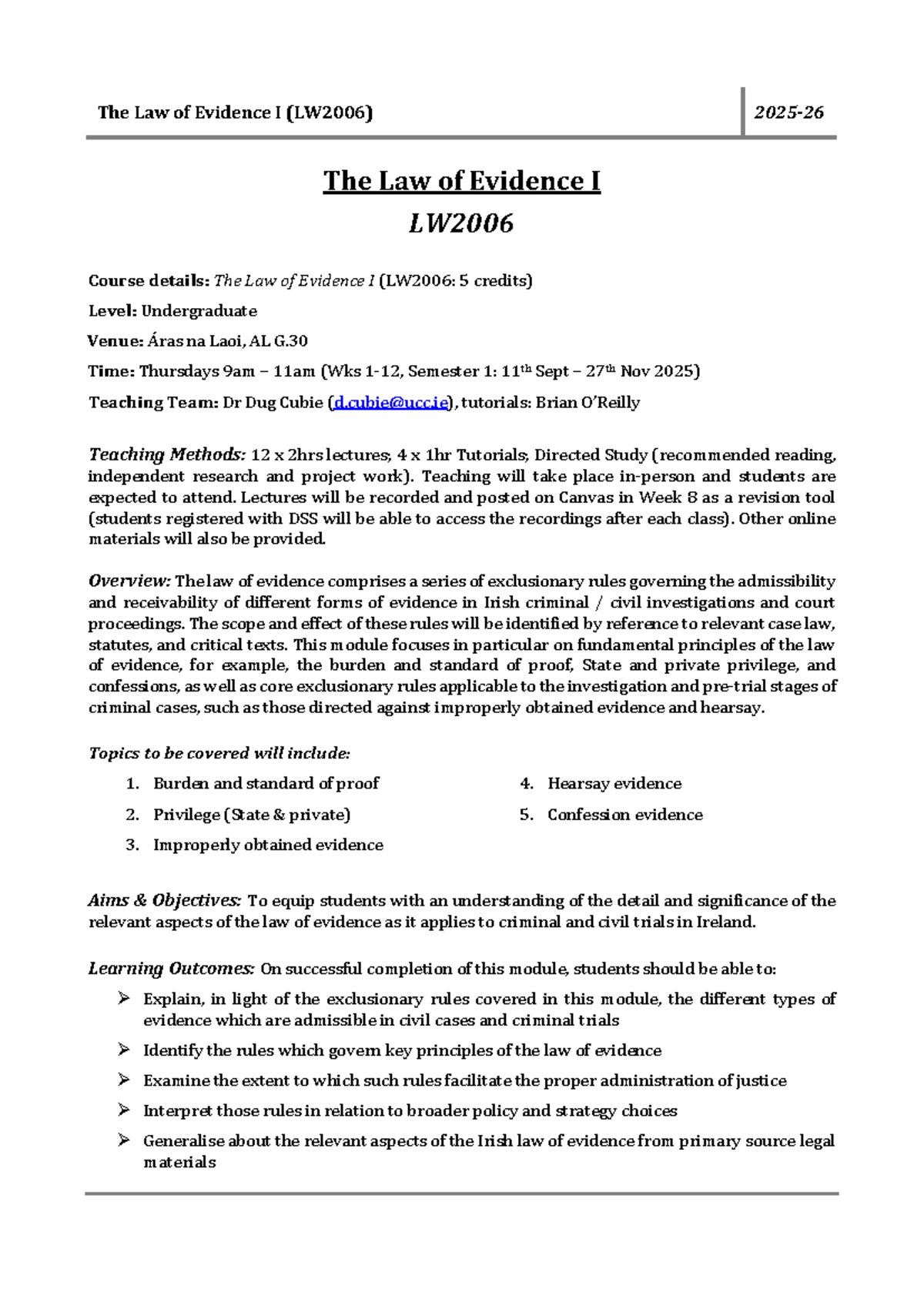 LW2006 Law of Evidence I Module Overview 2025-26 - Studocu