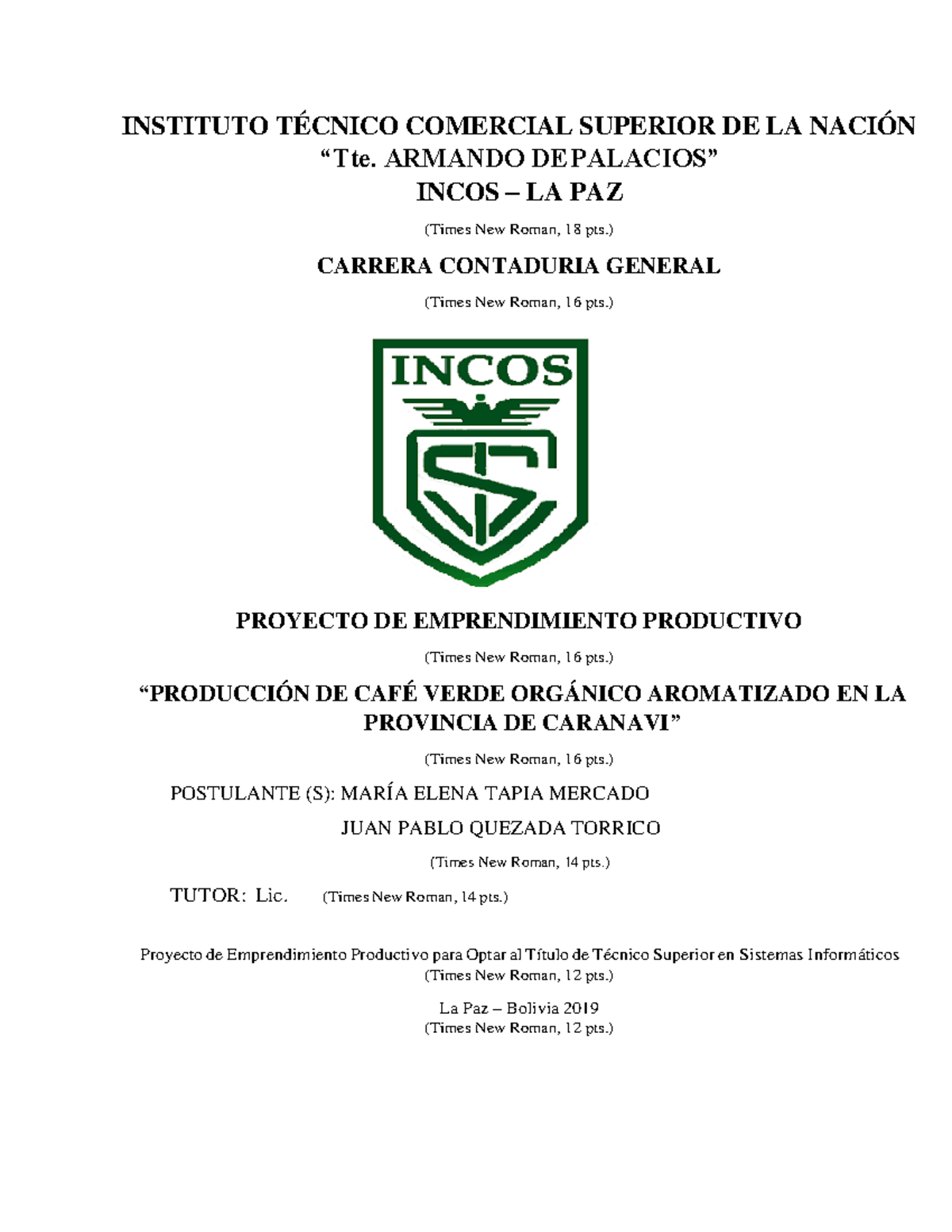 Perfil de Proyecto de Emprendimiento Productivo: Café Orgánico en P. Caranavi - Document Preview
