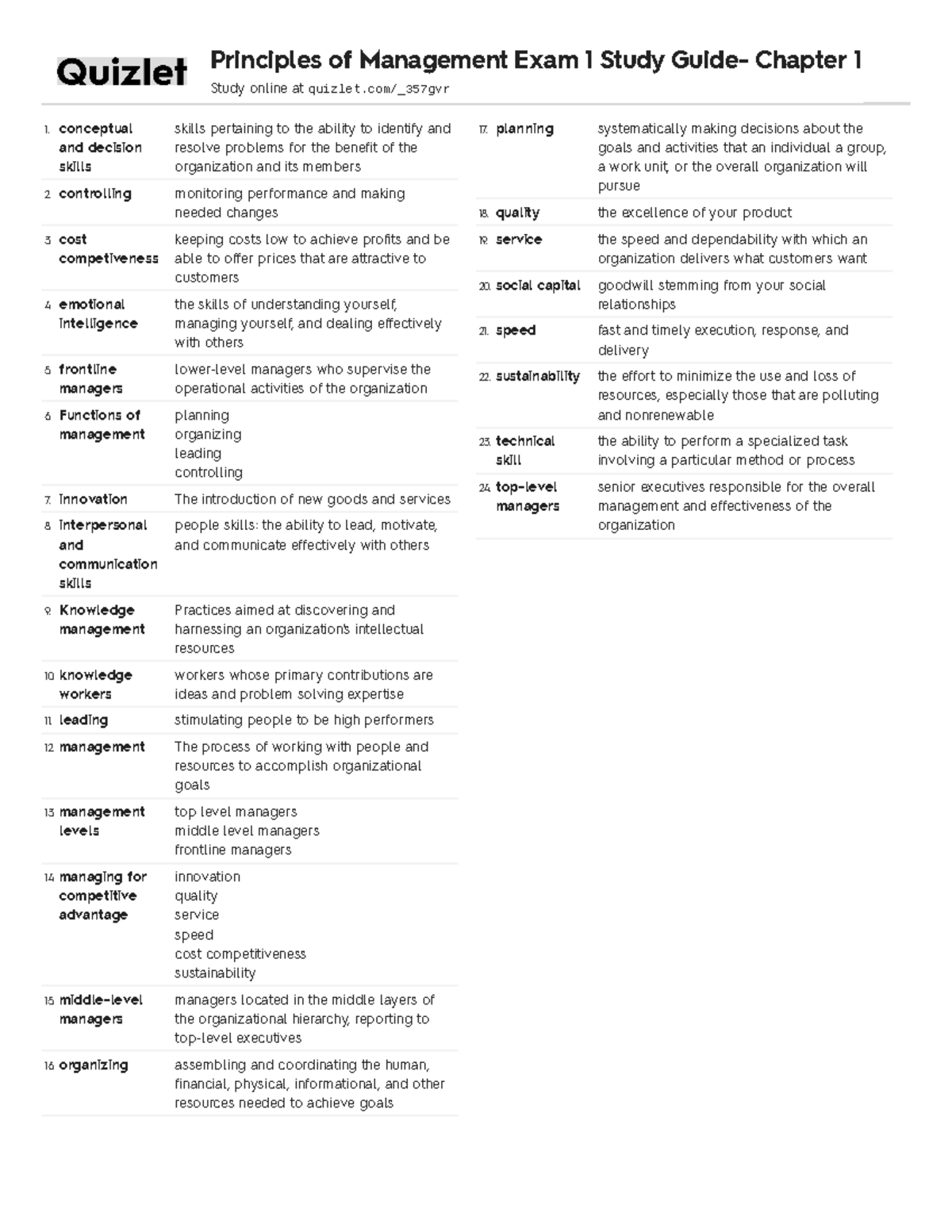 MGT 101 Exam 1 Study Guide: Key Concepts and Skills Review - Studocu