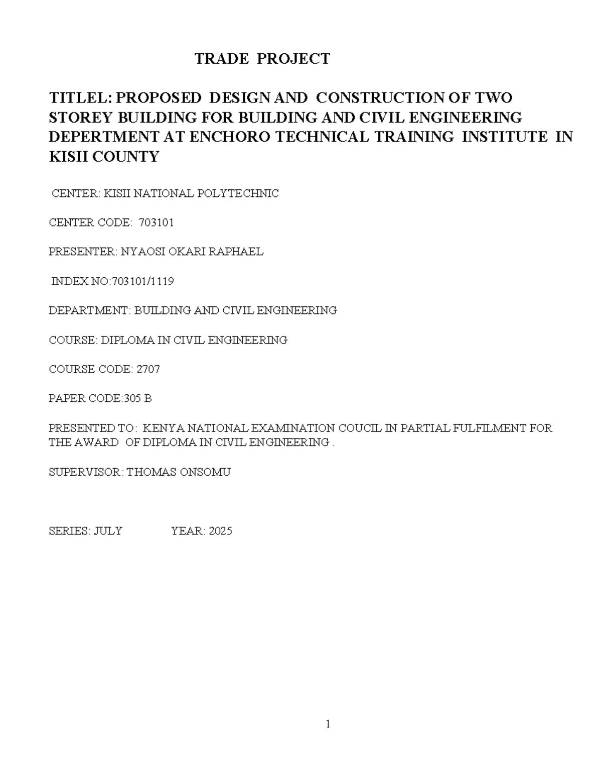 Proposed Design for Two-Storey Building: Civil Engineering Project (CIV ...