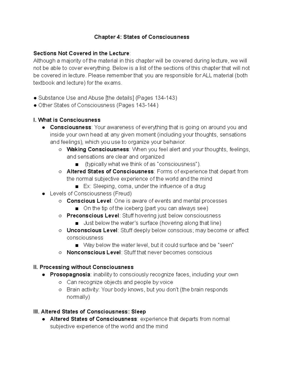 Chapter 4 Notes - Chapter 4: States of Consciousness Sections Not ...
