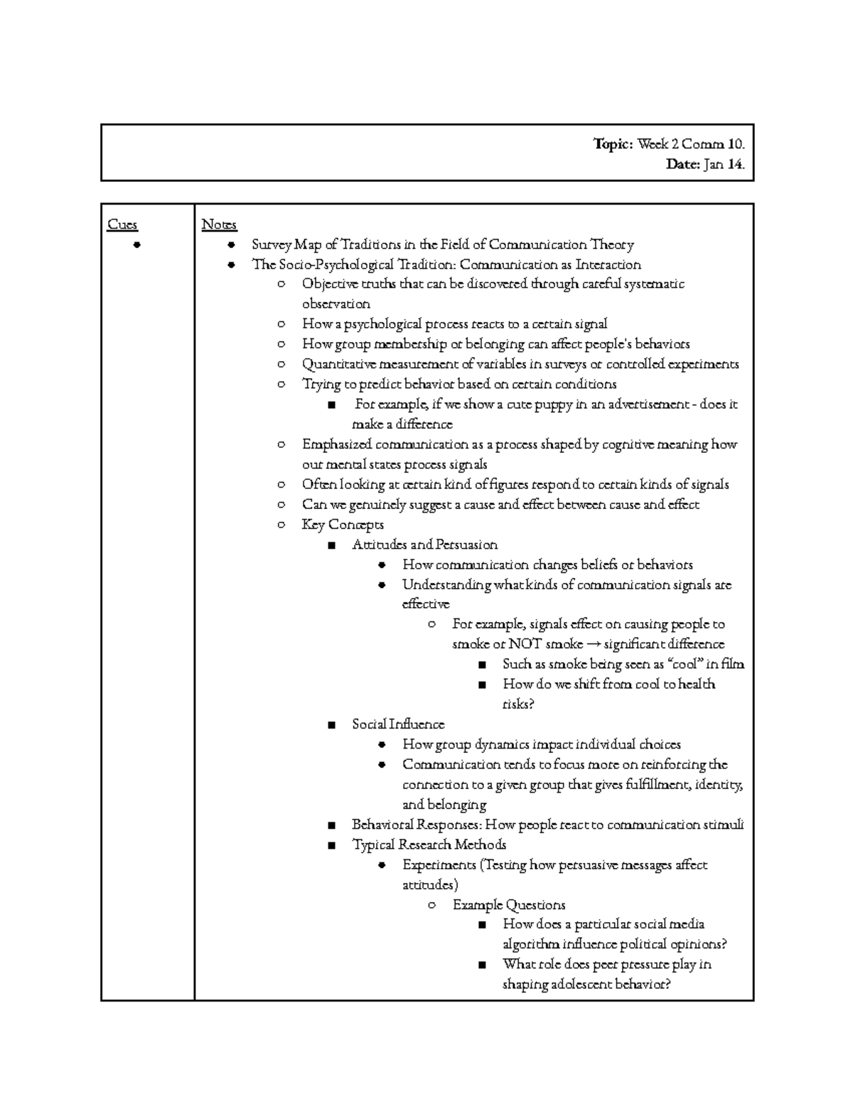 Week 2 Comm 10: In-Class Notes on Communication Traditions - Studocu