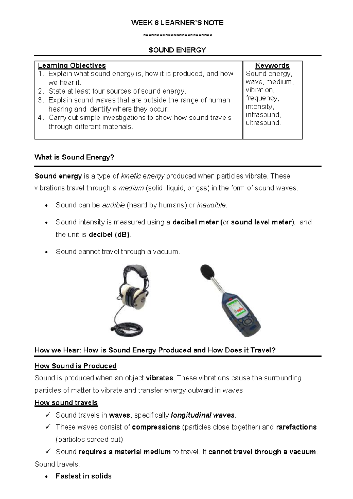 WEEK 8 & 9 NOTES: SOUND ENERGY - Year 5 Science Study Guide - Studocu
