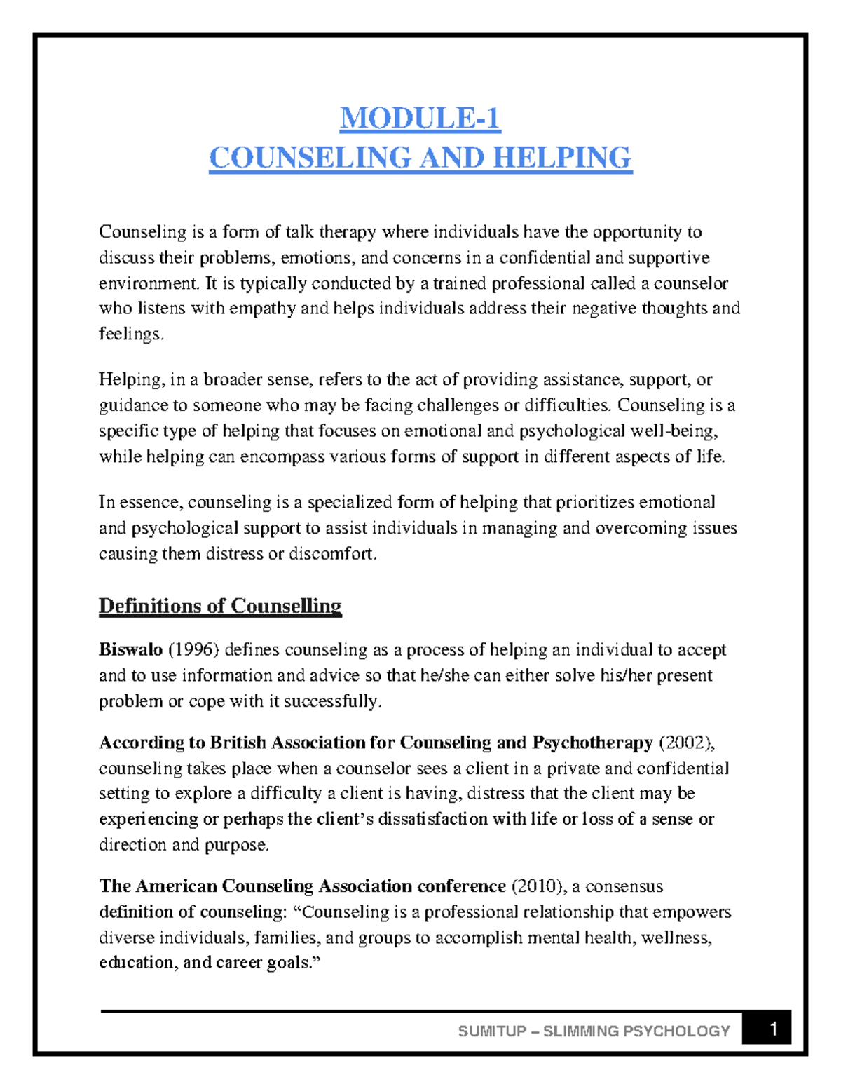 COUNSELING AND HELPING: An Overview of Psychological Support (PSY 101 ...