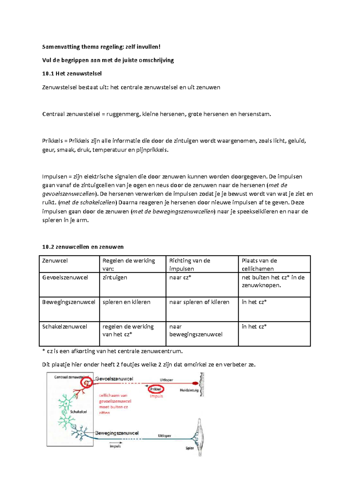 Correctie van Invul Samenvatting Thema Regeling: Zenuwstelsel en ...