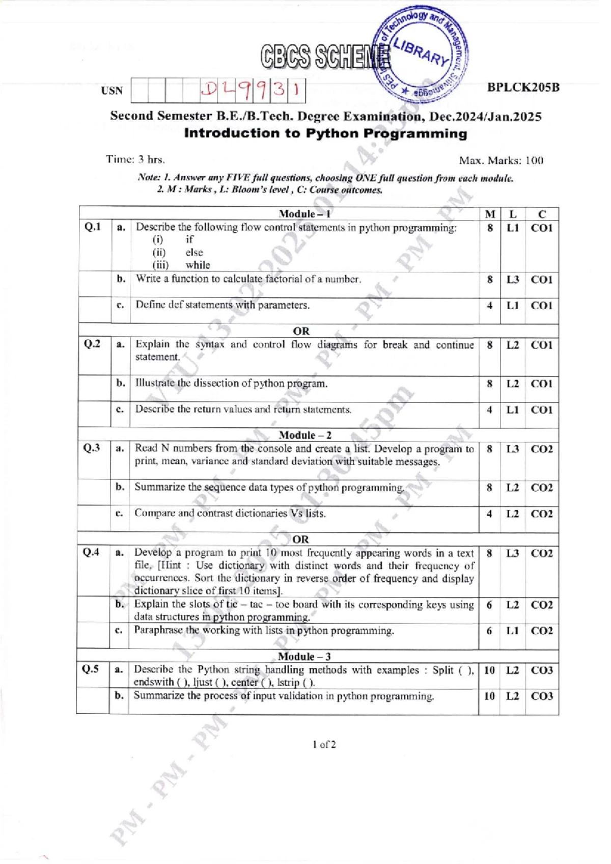 DL 137 USN Python Programming Second Sem Exam QP 2024 - Studocu
