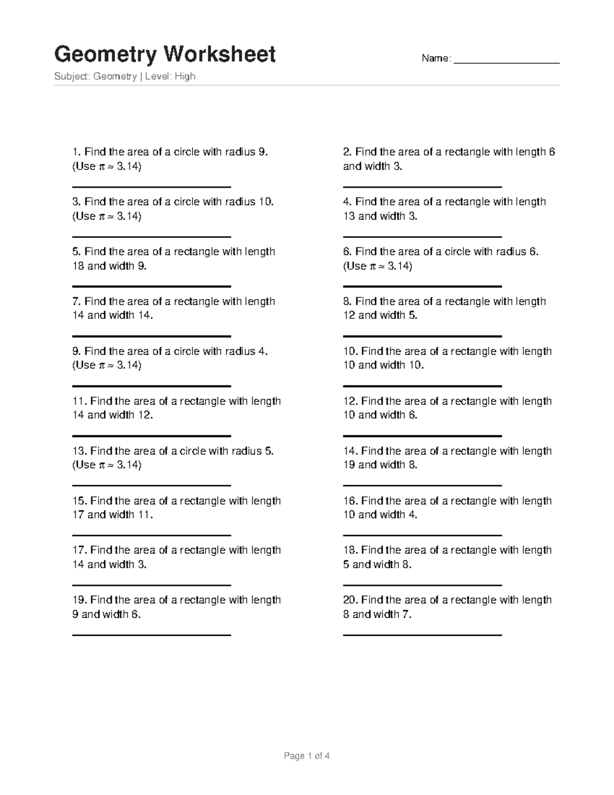 Geometry Worksheet 4: Area Calculations for Circles & Rectangles - Studocu