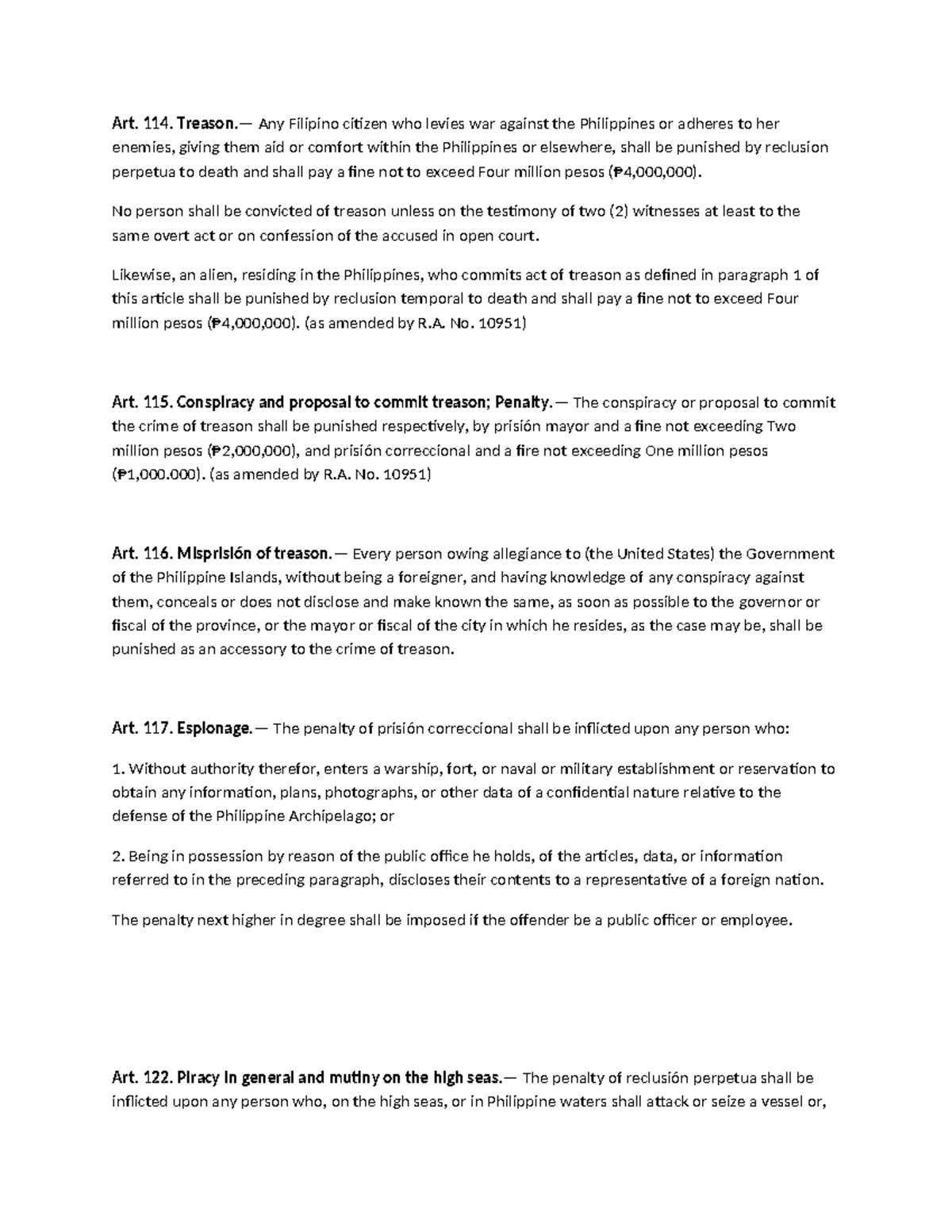 Article-BOOK-2 - RPC Book 2(Title 1) - Art. 114. Treason.— Any Filipino ...