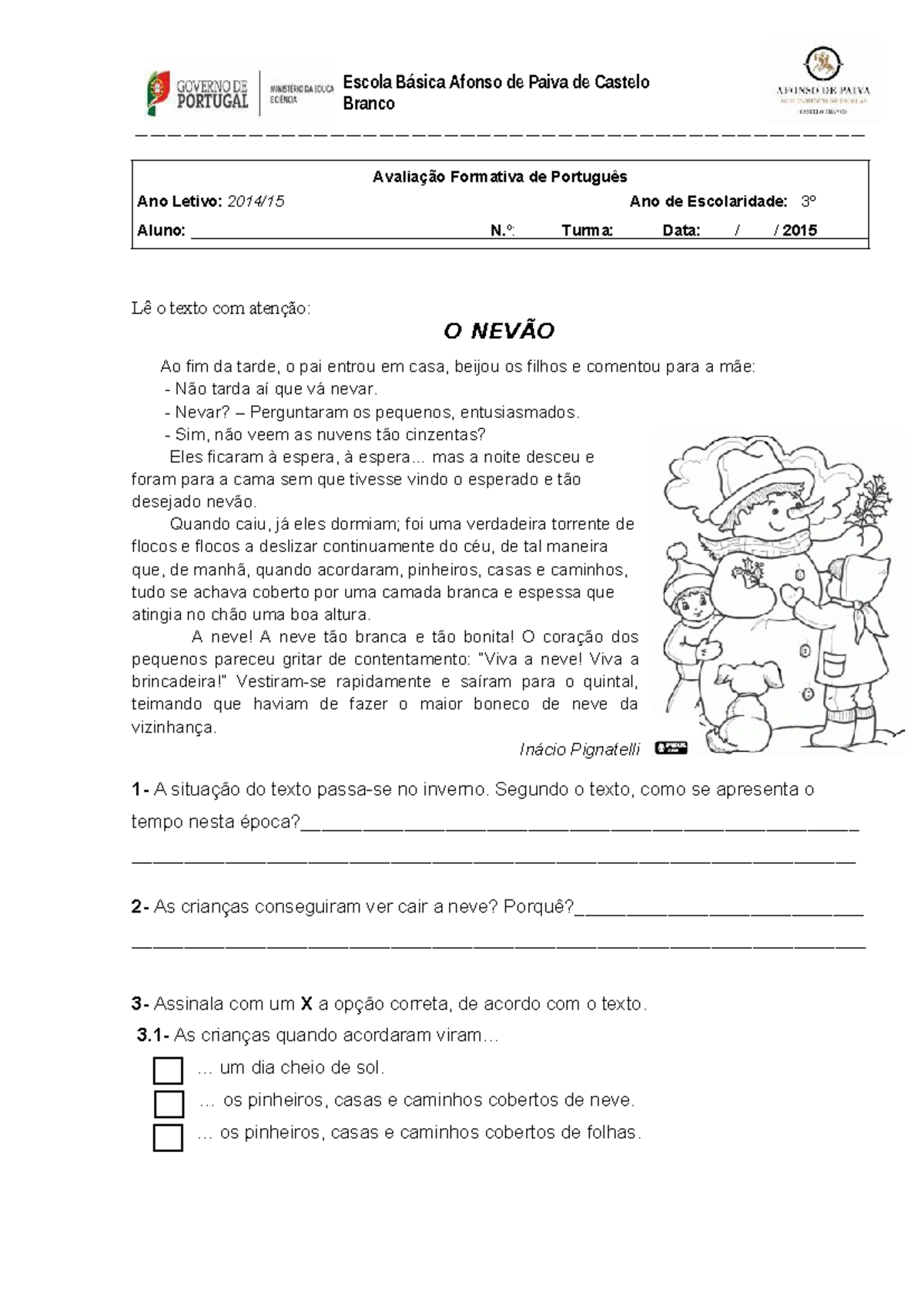 Ficha de Avaliação Formativa de Português 3º Ano - Fevereiro - Studocu