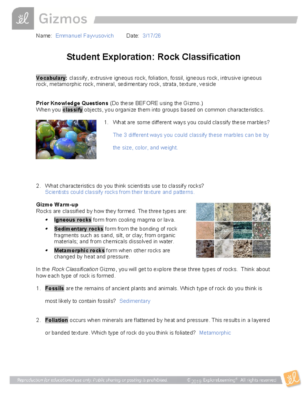 ES.4,5 Rock Classification Gizmo: Understanding Rock Types and Textures ...
