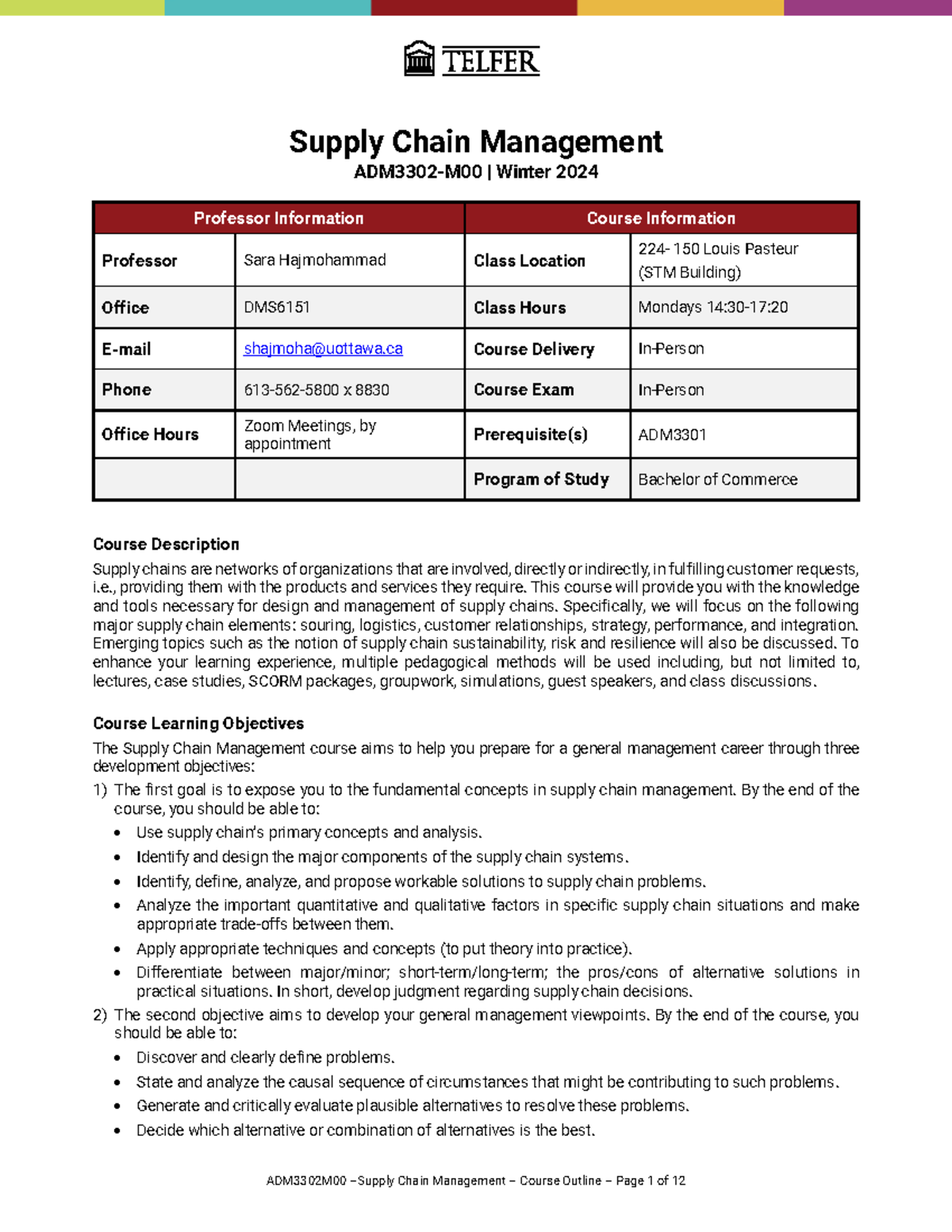ADM3302-M00 Supply Chain Management Course Outline - Winter 2024 - Studocu