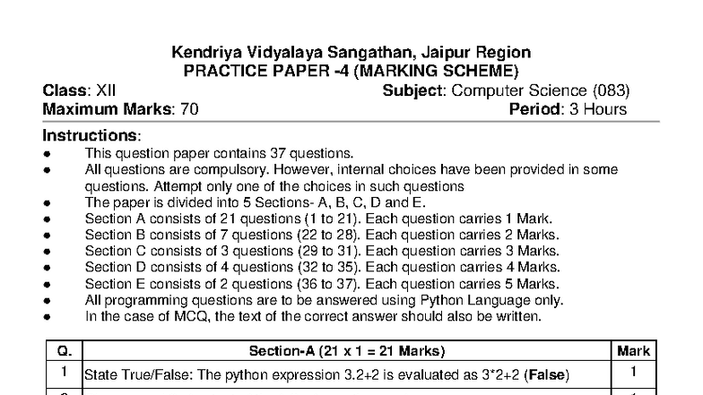 MS Jaipur PP 4 - Computer Science (083) Practice Paper & Marking Scheme ...