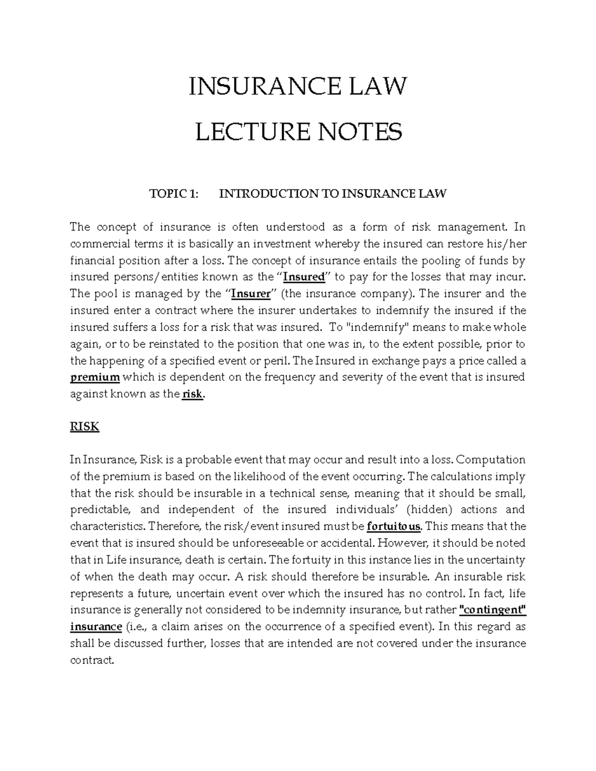 Insurance LAW Class Notes: Comprehensive Lecture Overview - Studocu