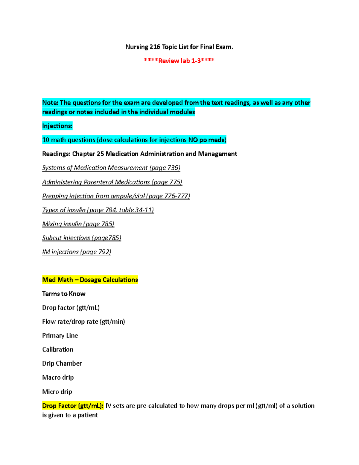 N216 EXAM Notes - Nursing 216 Topic List for Final Exam. ****Review lab ...