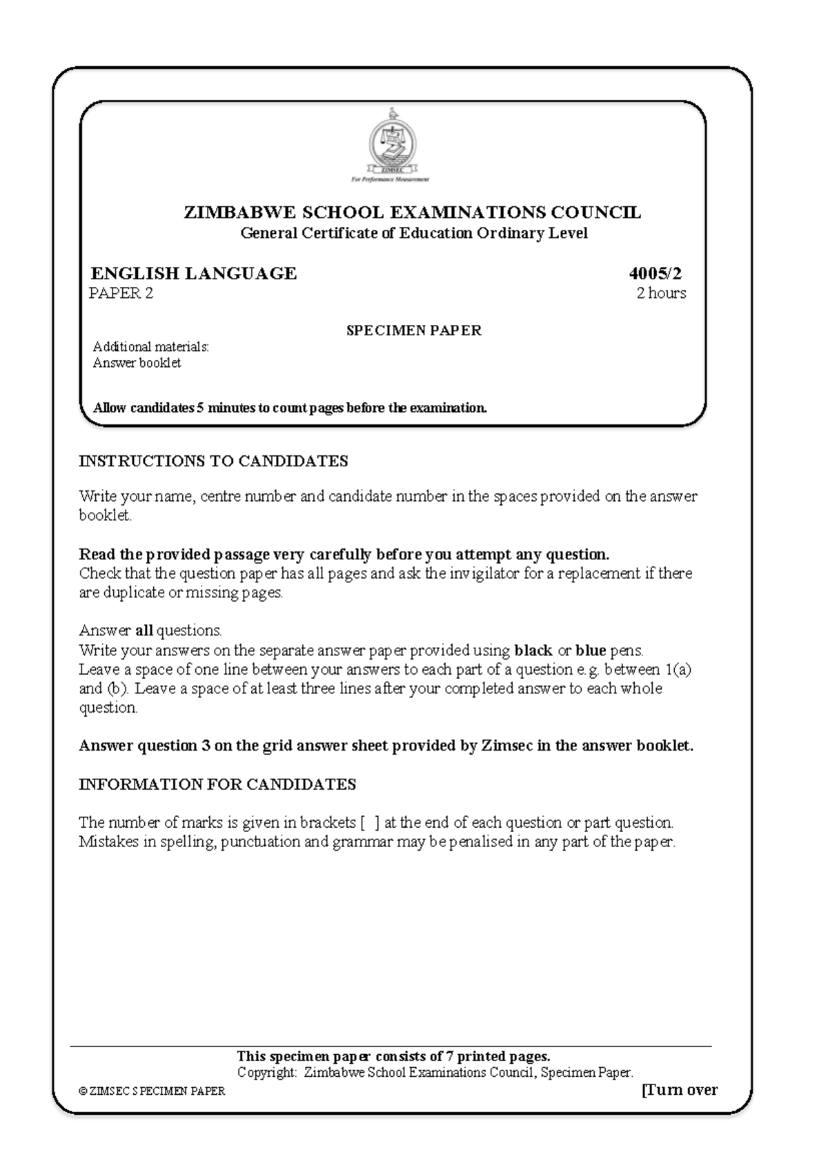 ZIMSEC O Level English Language Paper 2 Specimen Exam Guide - Studocu