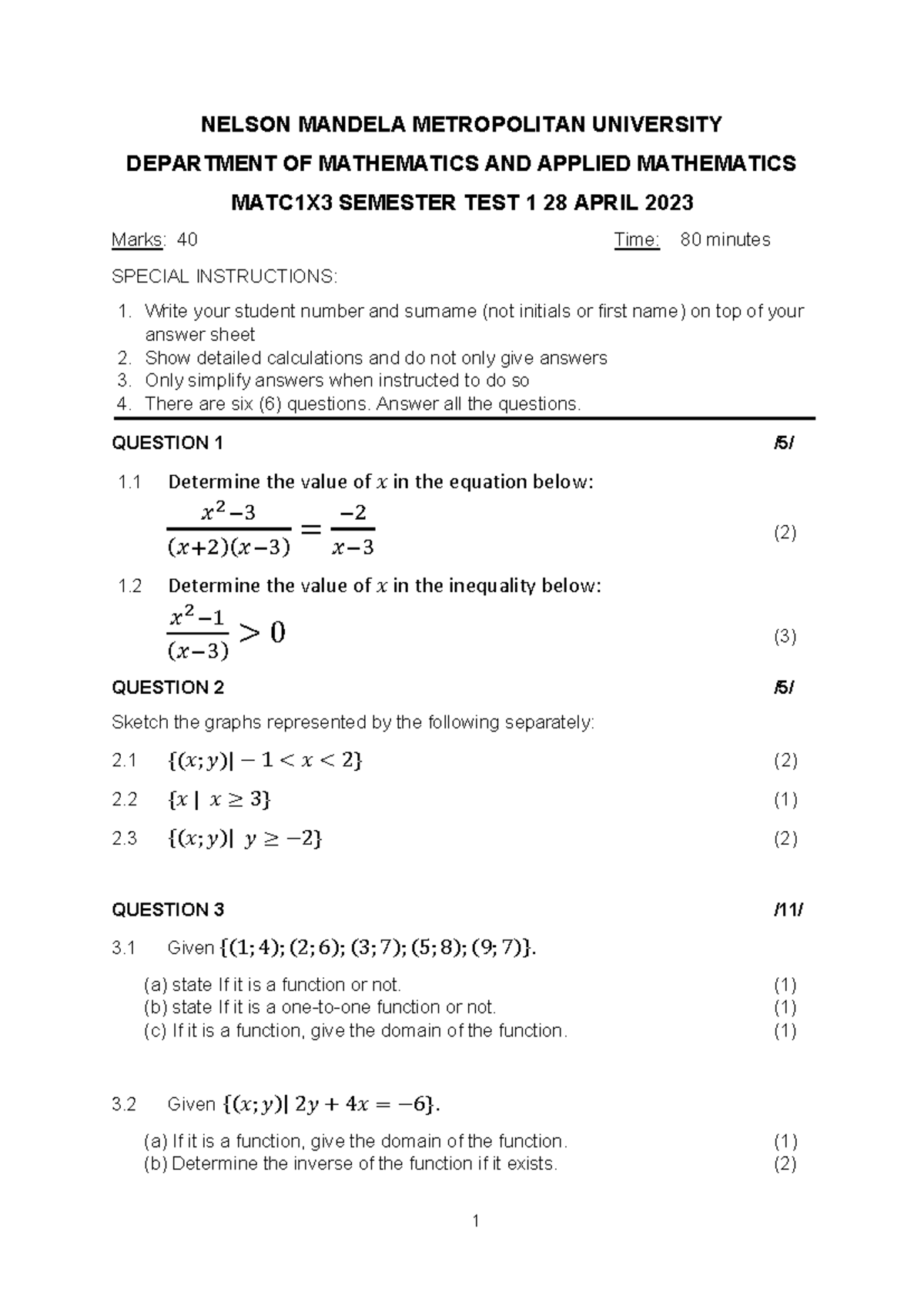 MATC1X3 Semester Test 1: Mathematics & Applied Math - April 2023 - Studocu