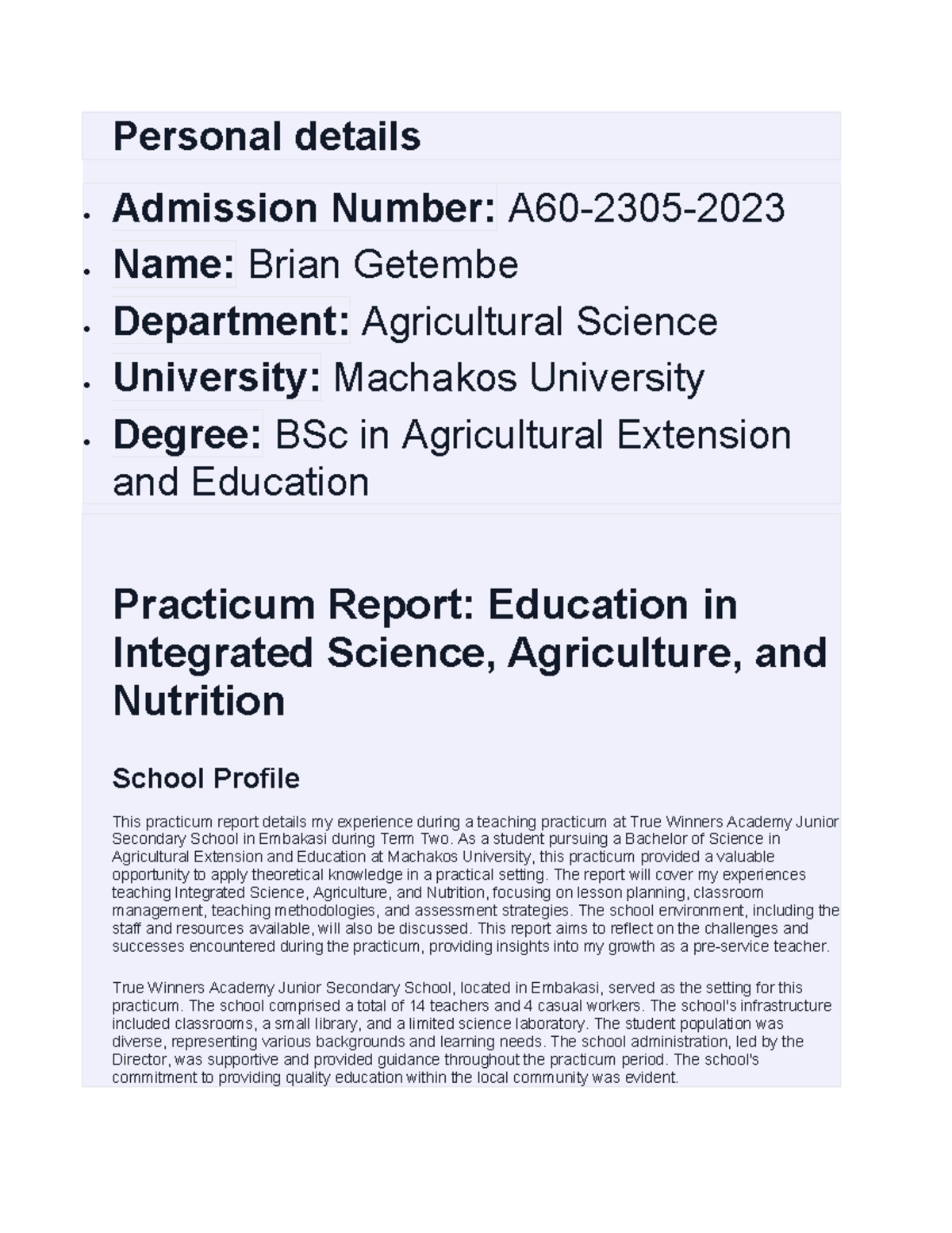 Report - As a student pursuing a Bachelor of Science in Agricultural ...