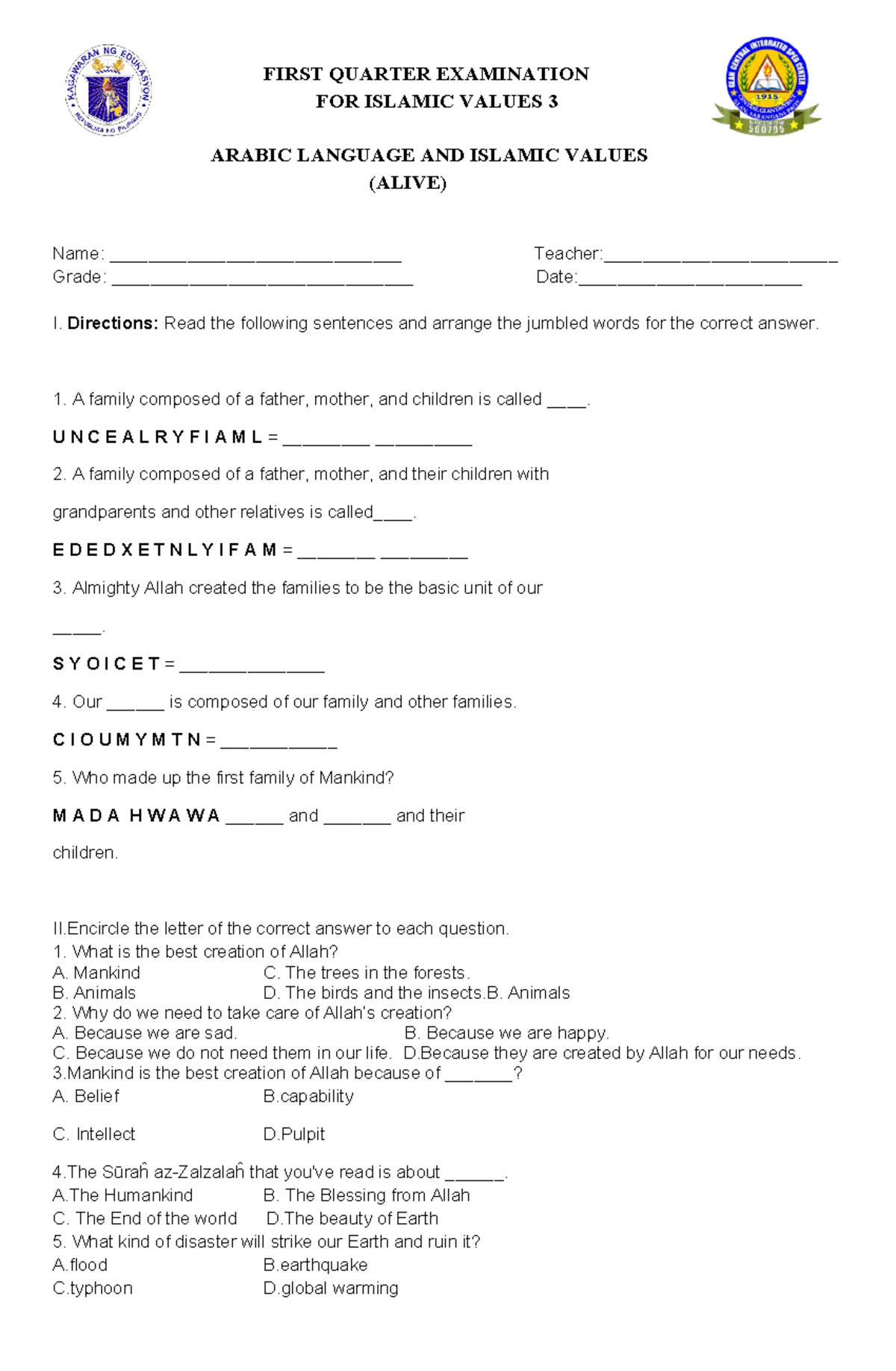 Final Exam for Islamic Values 3: Arabic Language & Family Concepts ...