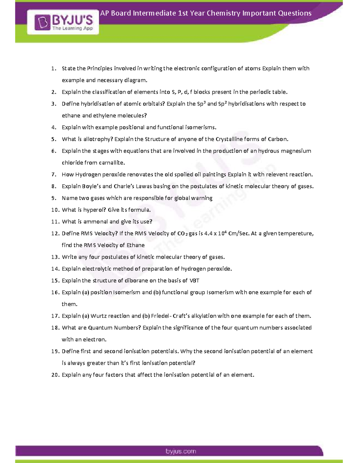 AP Board Intermediate 1st Year Chemistry Key Concepts & Questions - Studocu