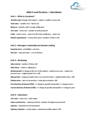 A level Business Formula Sheet - Pearson Edexcel Level 3 Advanced GCE ...