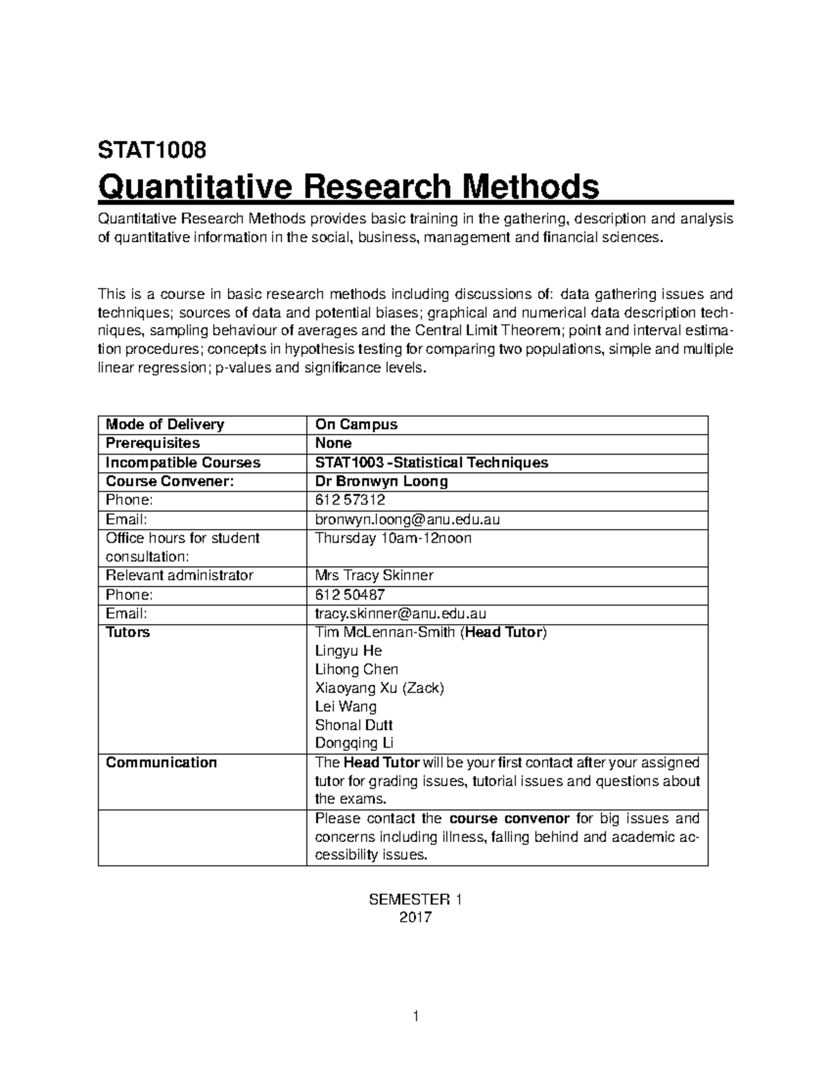 STAT 1008 Syllabus: Quantitative Research Methods Overview and ...